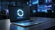 © Design Store - Laptop computer screen displaying glowing circular arrows and loading bar, representing data synchronization and software update process in modern office setting with digital charts background.