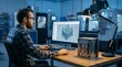© Design Store - Engineer using computer aided design software to design plastic injection mold on desktop computer in manufacturing workshop with CNC machines and robots in background.