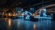 © Design Store - Futuristic factory automation with glowing digital wireframe robotic arms on production line, advanced manufacturing technology, industrial innovation, smart factory concept.