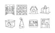 © GRACE - 'Closet Handbag Organization'. Minimalistic set one-line drawing [walk in closet shelf, handbag display cubby, purse dust bag, shelf separator, clear storage box, shoulder bag hook, compact organizer,
