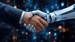 © TransPicHub - A human and a robot shake hands, symbolizing collaboration between people and artificial intelligence in a futuristic, digital environment.