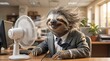 © Olga Ко - funny anthropomorphic sloth in a business suit sitting at a desk, happily cooling off in front of a white desk fan. The sloth has a blissful smile, closed eyes, and its long fur is blowing.