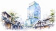 © Diamond Fuji - 伝統的な家屋と近代的な高層ビルが並ぶ街並みの水彩画イラスト