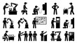 © Essential Design Lab - Collection of industrial maintenance and mechanical engineering icons showing technicians using tools, inspecting machines, managing logistics, and operating control panels in black.
