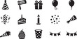 © MdAbu - Set of black and white birthday party featuring a party hat, noisemaker, gift box, balloons, streamers, cake slice, candle, confetti, cupcake, polka dot cup, and decorative bunting flags
