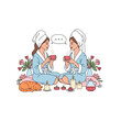 © satibi6 - Two women in bathrobes relaxing at home spa drinking tea and chatting vector illustration.