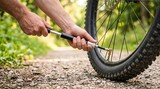 A person is working on a mountain bike tire using a pump. The setting is a gravel path lined with plants and trees under bright sunlight. The focus is on the activity of inflating the tire