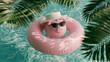 © Olga Ко - Cute pink piggy bank wearing sunglasses and a straw hat floating in an inflatable pool ring. Saving money for summer vacation, travel budget, and retirement fund concept.