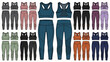 © savindi - Women's Gym Leggings Set Technical CAD Illustration, Multiple Color Variations Activewear Template, Front and Back Athletic Wear Vector Design, Isolated on White Background