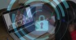 © vectorfusionart - Child writing as instructor appearing on laptop, HUD padlock overlaying laptop protecting lesson