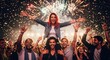 © Flash memory - Man carrying happy woman on shoulders at concert with confetti and fireworks. Friends enjoy a festival party. Celebration and event concept.