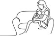 © Wali - Continuous one line drawing of a mother holding her baby sitting on a sofa.