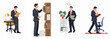 © ValentinaRestrepo - Flat vector illustrations of a businessman or lawyer in various office activities including reading, researching law books, and organizing files.