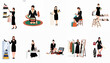 © Payandu - Vector illustration set of elegant women in black dresses shopping for, organizing, and styling luxury shoes and fashion accessories in various retail and home settings.