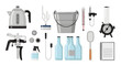 © Jam Stock - Collection of laboratory and scientific equipment including glass bottles, beakers, test tubes, pipettes, microscope, and measuring devices for experiments and research