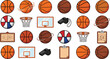 © Prodip - Basketball equipment collection featuring basketballs hoops backboards whistles coaching boards and sports training vector illustration set