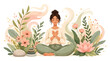 © Yudis - Young Woman Meditating in Lotus Pose Surrounded by Lush Greenery and Soft Floral Elements, Promoting Wellness and Mindfulness