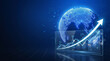 © Alima.Std - Digital business data visualization featuring a glowing blue dotted world globe and a white upward arrow on a transparent glass screen with financial charts and ROI statistics.