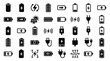 © Saida Nahdhoh - Comprehensive collection of black battery and energy icons on white background featuring charging status, solar power, USB cables, power plugs, wireless charging, and diverse battery levels.