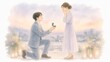 © Diamond Fuji - 夕暮れの屋外で若い男性が女性にプロポーズする感動的な水彩画イラスト