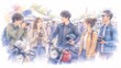 © Diamond Fuji - 屋外のイベント会場でバイクを囲んで笑顔で会話する若者たちの水彩イラスト