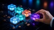 © mcjanuald - Businessman hand integrating glowing digital blocks on circuit board, Software architecture concept