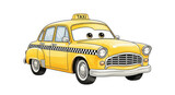 Cute yellow taxi car cartoon character with friendly face