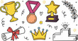 © Mst - Hand Drawn Award and Achievement Doodle Icon Set Featuring Trophy Medal Star Certificate Crown and Podium Elements for School and Business Success Designs
