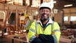 © peopleimages.com - Laugh, carpenter and man in workshop with arms crossed for manufacturing with protection gear. Smile, woodwork and mature artisan with safety helmet, portrait or confident in production industry