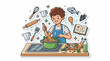 © itik - Cheerful child happily cooking stew with kitchen utensils around