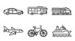 © watu - Vehicles on road, rail, and sea with car, bus, train, airplane, bicycle, and boat icons