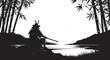 © MdSabbir - Samurai warrior silhouette sitting by a river with bamboo forest background in a minimalist black white vector