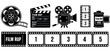 © Mr. Stocker - Various black and white film and cinema icons are neatly arranged in two rows, showcasing classic movie production elements