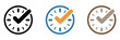 ©   - check mark on clock vector icons illustrating real time protection, verification, and security status indicator symbols.