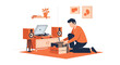 © Amie - Flat style vector illustration of a man organizing a vinyl record collection beside a modern turntable and speakers in a cozy living room. Perfect for music lovers, retro lifestyle and entertainment