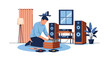 © Amie - Flat style vector illustration of a man organizing a vinyl record collection beside a modern turntable and speakers in a cozy living room. Perfect for music lovers, retro lifestyle and entertainment