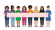 © Zahra - Diverse multiracial group of women holding large blank horizontal banner on white background, representing unity and provides copy space for commercial marketing or social announcement