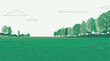 © Hmen - Ilustración vectorial de un paisaje natural con campo verde, árboles frondosos y nubes minimalistas en un estilo plano y moderno ideal para fondos de diseño gráfico.