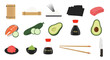 © top  success - Assorted sushi ingredients including rice seaweed fish cucumber avocado soy sauce wasabi and chopsticks for Japanese cuisine preparation