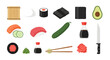 © Floral - Assorted Japanese sushi including sashimi, maki rolls, cucumber, avocado, soy sauce, wasabi, chopsticks, knife, and salmon, perfect for Japanese cuisine presentation or restaurant menu