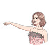 © satibi6 - Hand drawn illustration of a beautiful young woman in a pink rose dress reaching out her arm.