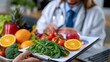 © Maksym - Iron deficiency anemia patient receiving clinical dietary counseling with food pairing chart showing spinach and citrus combinations, absorption optimization concept for hematology and nutrition the
