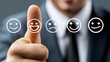 © Pug - A professional man gives a thumbs up in front of various emoticons, symbolizing positive feedback and emotional expression in the workplace