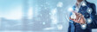 © Theyone - Businessman touching smart building automation and networking data, intelligent energy management, connected security systems, modern infrastructure technology solutions