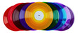 © Keopaserth - Vinyl record collection with colorful discs fanned in overhead view on white background, music media and retro design