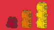 © Rozzie - Três pilhas de blocos de montar coloridos dispostas em ordem crescente de altura sobre um fundo vermelho vibrante, representando crescimento e progressão em estilo gráfico minimalista.
