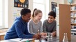 © Jian - Middle school students collaborate on science project laughing for back to school friendship education diversity campaigns greeting cards promotional materials