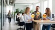 © Jian - Business professionals celebrate World Emoji Day holding happy emoji signs in modern office for corporate communication diversity workplace culture campaigns