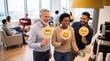 © Jian - Office workers enjoy coffee break with happy emoji signs celebrating World Emoji Day for workplace culture corporate communication diversity campaigns