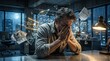 © ASyen - A businessman overwhelmed with stress and anxiety in his office, as shattered glass and documents fly around him symbolizing mental breakdown